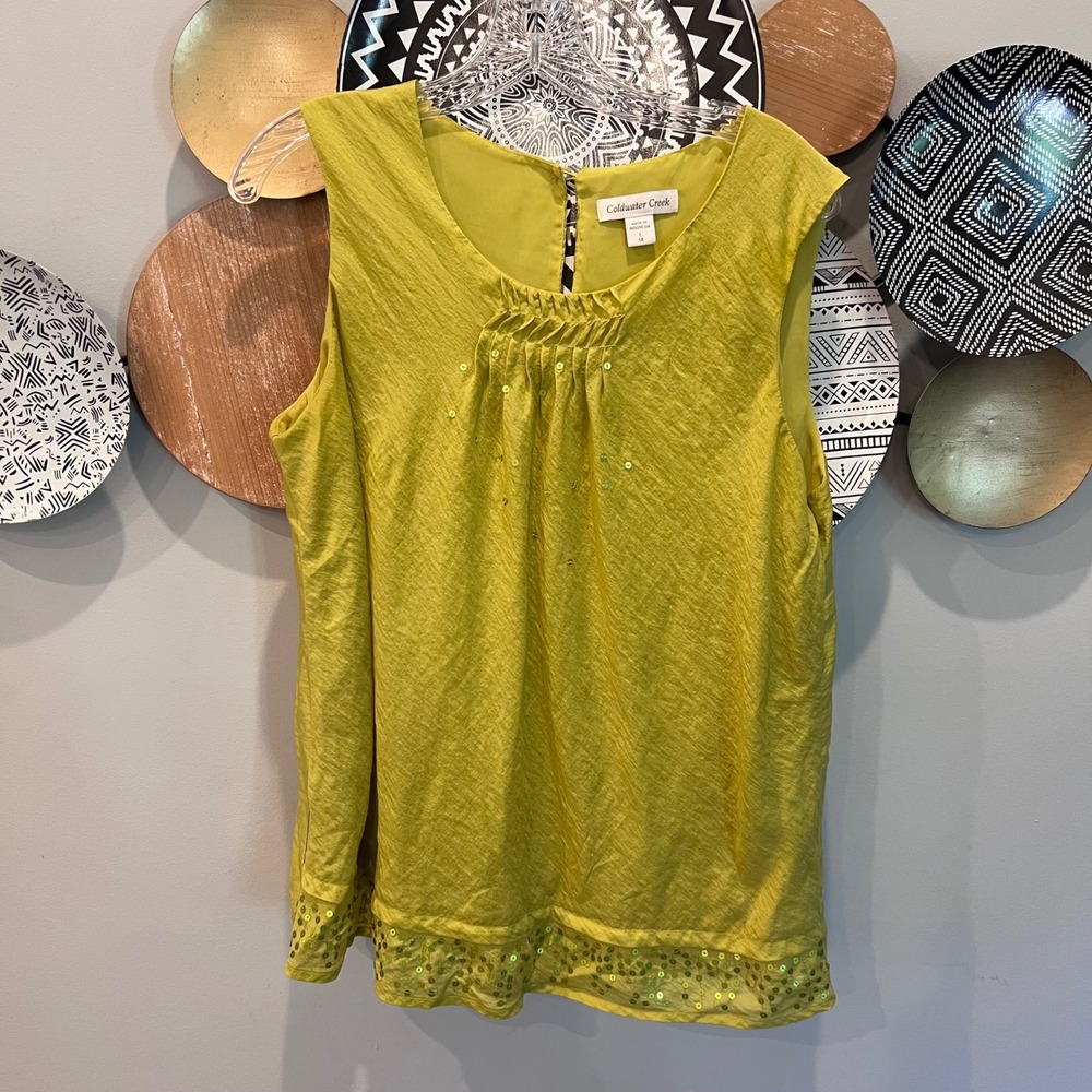 Coldwater Creek Chartreuse Green Sequin Crinkle Sleeveless Blouse Womens L 14